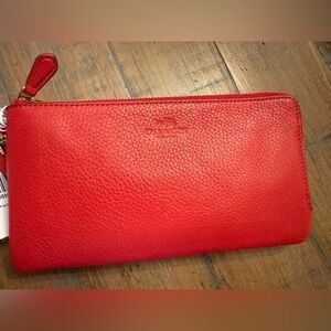 Coach Large Red Pebbled Leather Double Zip Around Wallet.  NWT.